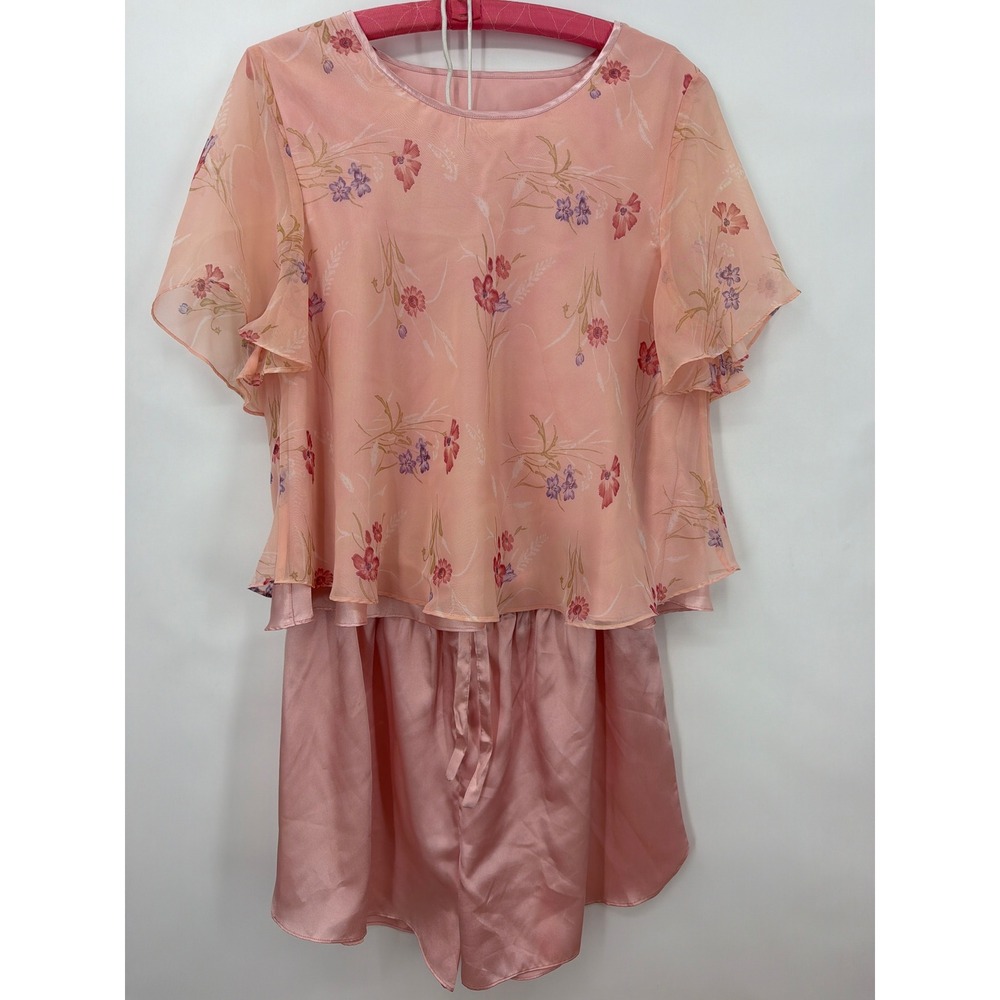 Valerie Stevens Pink Floral Chiffon Satin Pajama Set Shorts Top Large